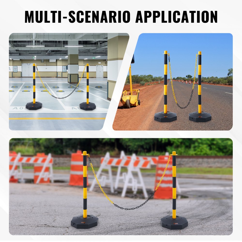 Adjustable Traffic Delineator Post Cones, 2 Pack, Traffic Safety Delineator Barrier with Fillable Base 8FT Chain, for Traffic Control Warning Parking Lot Construction Caution Roads, Yellow&Black
