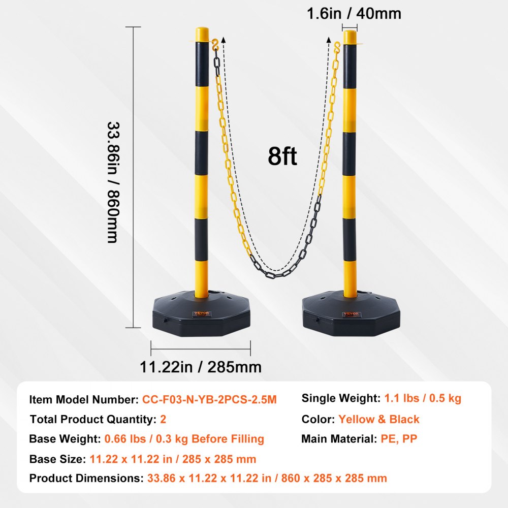 Adjustable Traffic Delineator Post Cones, 2 Pack, Traffic Safety Delineator Barrier with Fillable Base 8FT Chain, for Traffic Control Warning Parking Lot Construction Caution Roads, Yellow&Black
