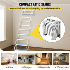 Attic Steps Pull Down 12 Steps Attic Stairs Alloy Attic Access Ladder, White Pulldown Attic Stairs, Wall-mounted Folding Stairs for Attic, Retractable Attic Ladder with Armrests, 9.8 feet Height