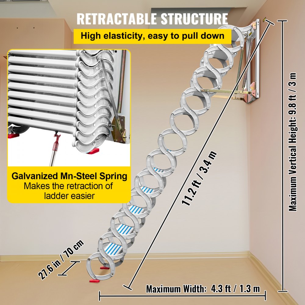 Attic Steps Pull Down 12 Steps Attic Stairs Alloy Attic Access Ladder, White Pulldown Attic Stairs, Wall-mounted Folding Stairs for Attic, Retractable Attic Ladder with Armrests, 9.8 feet Height