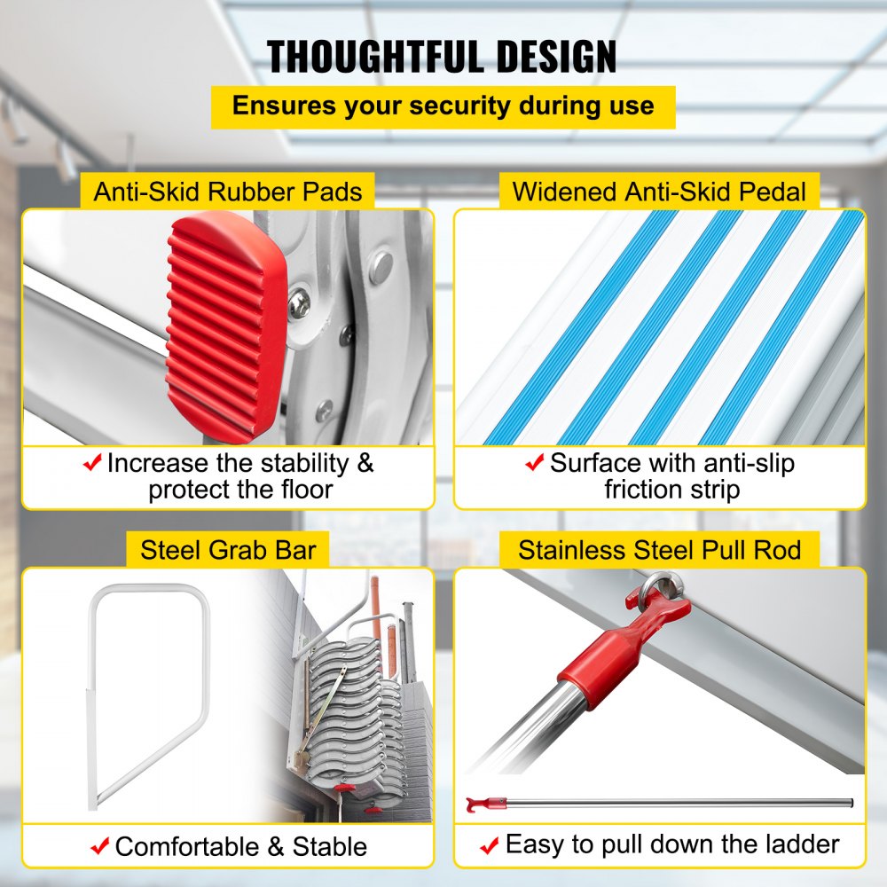 Attic Steps Pull Down 12 Steps Attic Stairs Alloy Attic Access Ladder, White Pulldown Attic Stairs, Wall-mounted Folding Stairs for Attic, Retractable Attic Ladder with Armrests, 9.8 feet Height