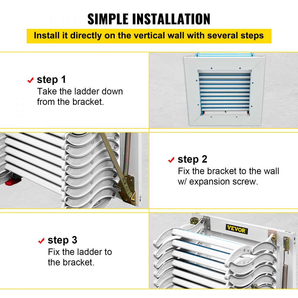 Attic Steps Pull Down 12 Steps Attic Stairs Alloy Attic Access Ladder, White Pulldown Attic Stairs, Wall-mounted Folding Stairs for Attic, Retractable Attic Ladder with Armrests, 9.8 feet Height