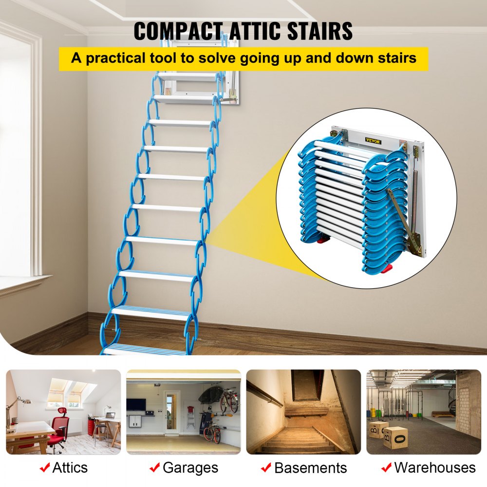 Attic Steps Pull Down 12 Steps Attic Stairs, Alloy Attic Access Ladder, Blue Pulldown Attic Stairs, Wall-mounted Folding Stairs for Attic, Retractable Attic Ladder with Armrests, 9.8 feet Height