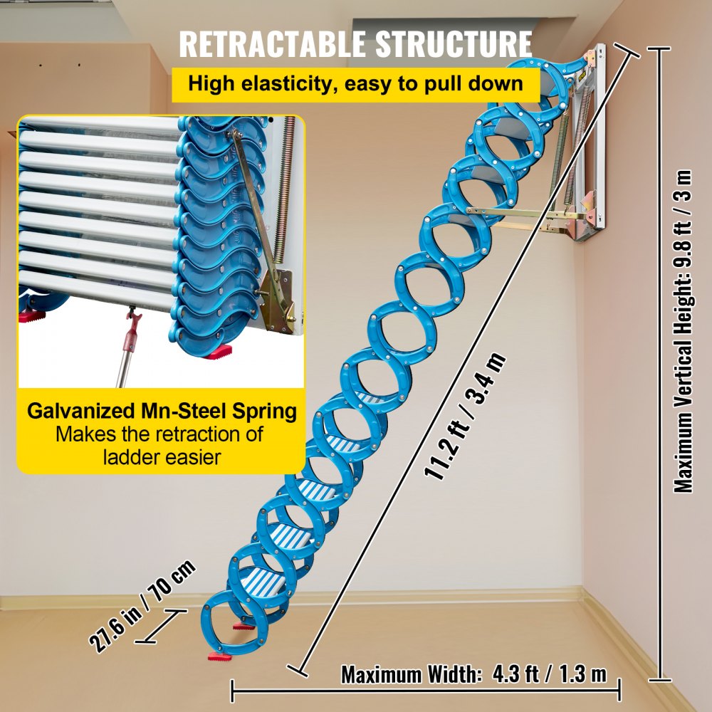 Attic Steps Pull Down 12 Steps Attic Stairs, Alloy Attic Access Ladder, Blue Pulldown Attic Stairs, Wall-mounted Folding Stairs for Attic, Retractable Attic Ladder with Armrests, 9.8 feet Height