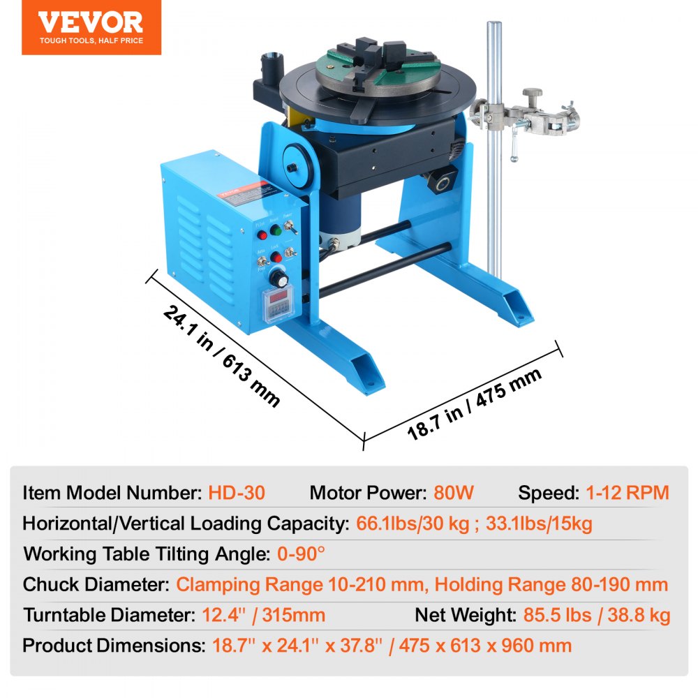 Rotary Welding Positioner 66LBS / 30KG, 0-90° Welding Positioning Turntable Table 1-12RPM 80W, with 12.4 Inch 3-Jaw Lathe Chuck & Welding Torch Stand Holder for Cutting, Grinding, Assembly