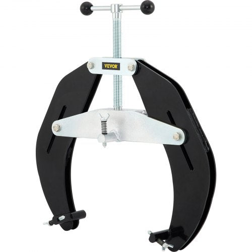 Black steel pipe clamp with yellow VYRO label and adjustable T-handle for 5-12 inch pipes.