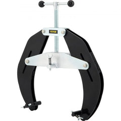 Black steel pipe clamp with yellow VYRO label and adjustable T-handle for 5-12 inch pipes.