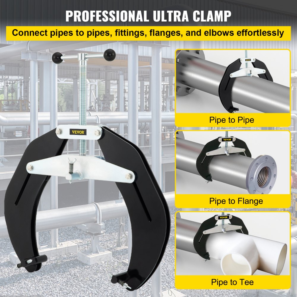 Bostome steel pipe clamp for 5-12 inch pipes, with black frame, white screws, and alignment views.