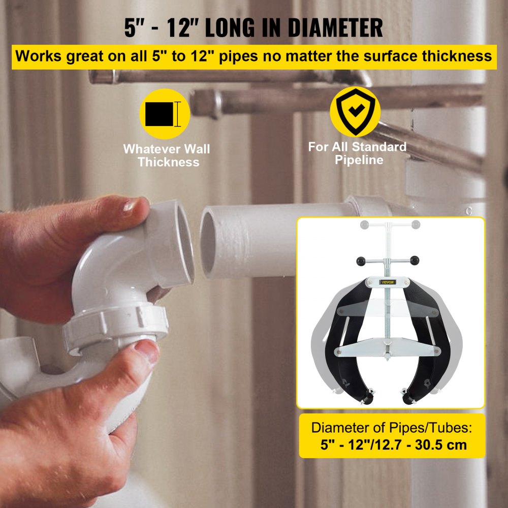 Steel pipe clamp tool aligning a 5-12 inch white PVC pipe, with hands securing it.