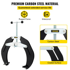 Steel pipe clamp tool for 5-12 inch pipes, made of carbon steel with coated surface, rugged frame, and waterproof design.