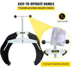 Steel pipe clamp with T-handle for aligning 5-12 inch pipes, showing easy-to-operate mechanism.