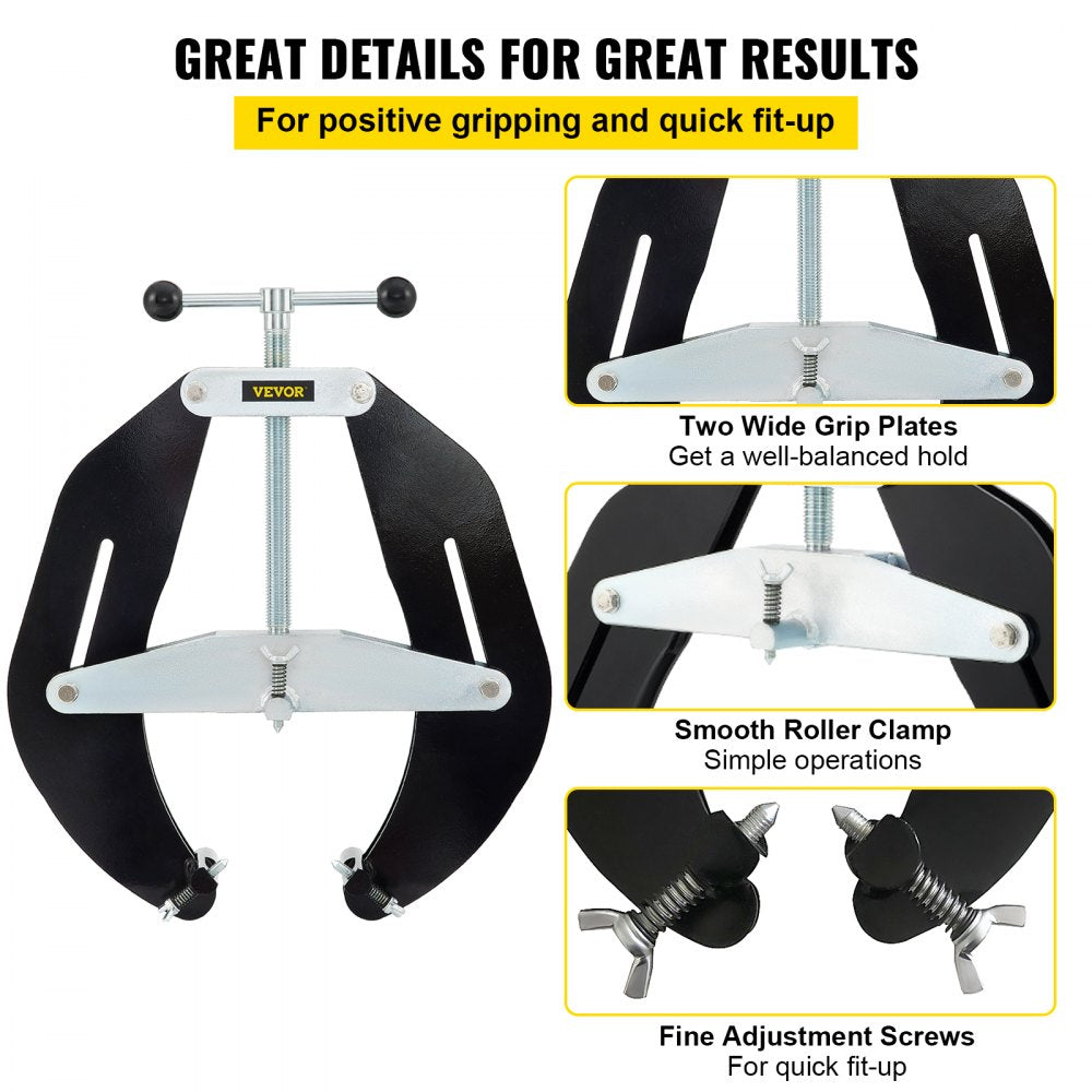 Steel pipe clamp with wide grip plates, smooth rollers, and fine adjustment screws for 5-12 inch pipes.