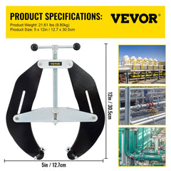 Bostome steel pipe clamp for 5-12 inch pipes with high-strength alignment tool design, showing dimensions and industrial use.