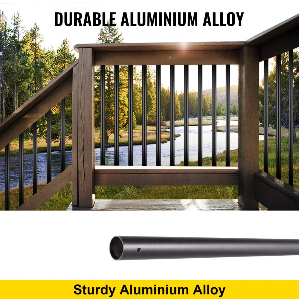 Black aluminum deck balusters, 26" long, 0.75" wide, with a powder-coated finish.