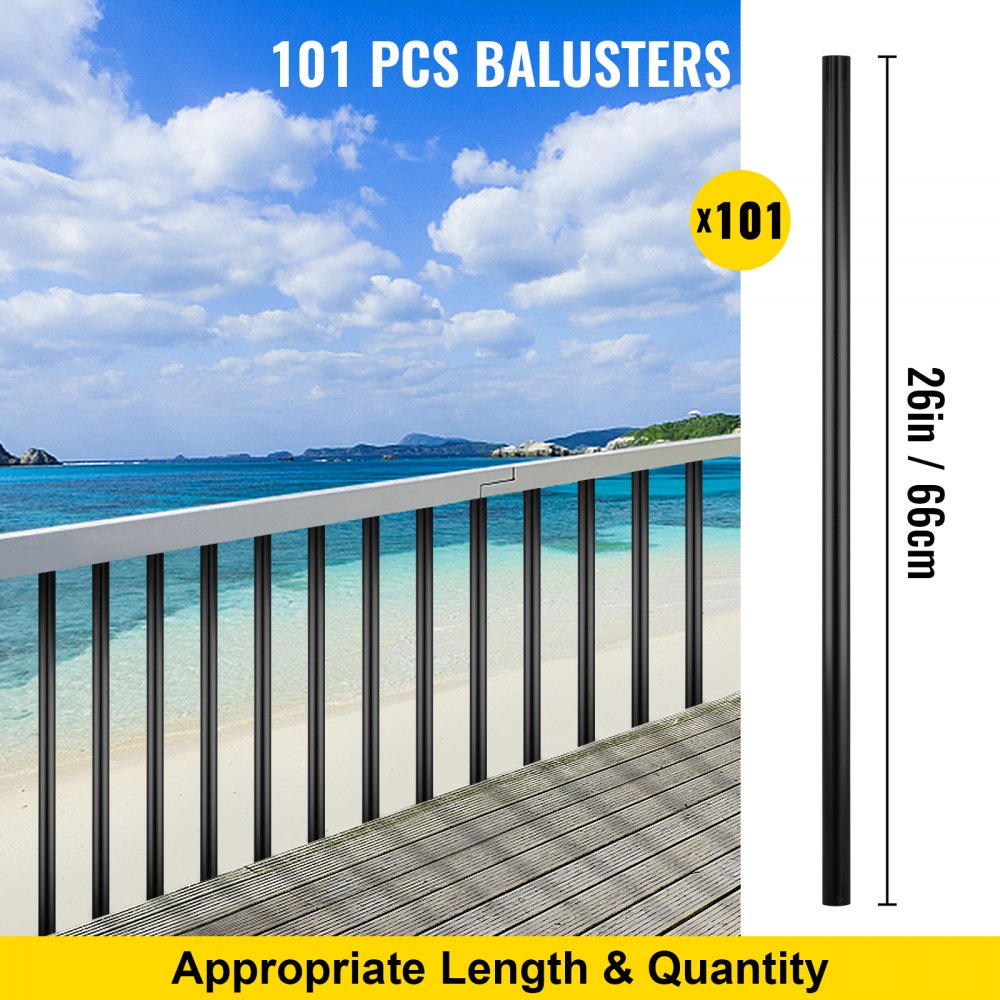Black aluminum deck balusters in a 51-pack, each 26 inches long and 0.75 inches wide.