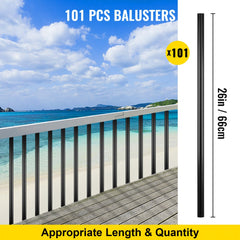 Pack of 101 black aluminum deck balusters, each 26 inches long and 0.75 inches wide.