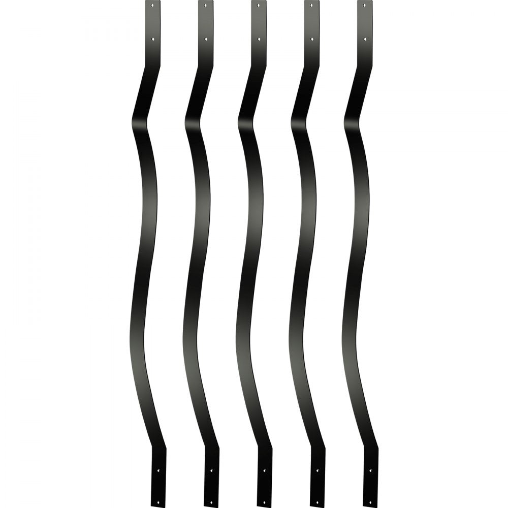 Black aluminum deck balusters, 29.5 inches long, with a curved wave design and pre-drilled holes.