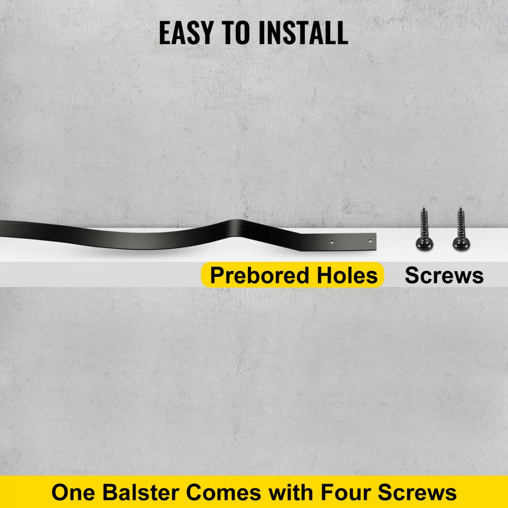 Black aluminum deck baluster with prebored holes and four included screws for easy installation.