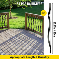 Black aluminum deck balusters, 32.25 inches long, featuring a modern curved wave design.