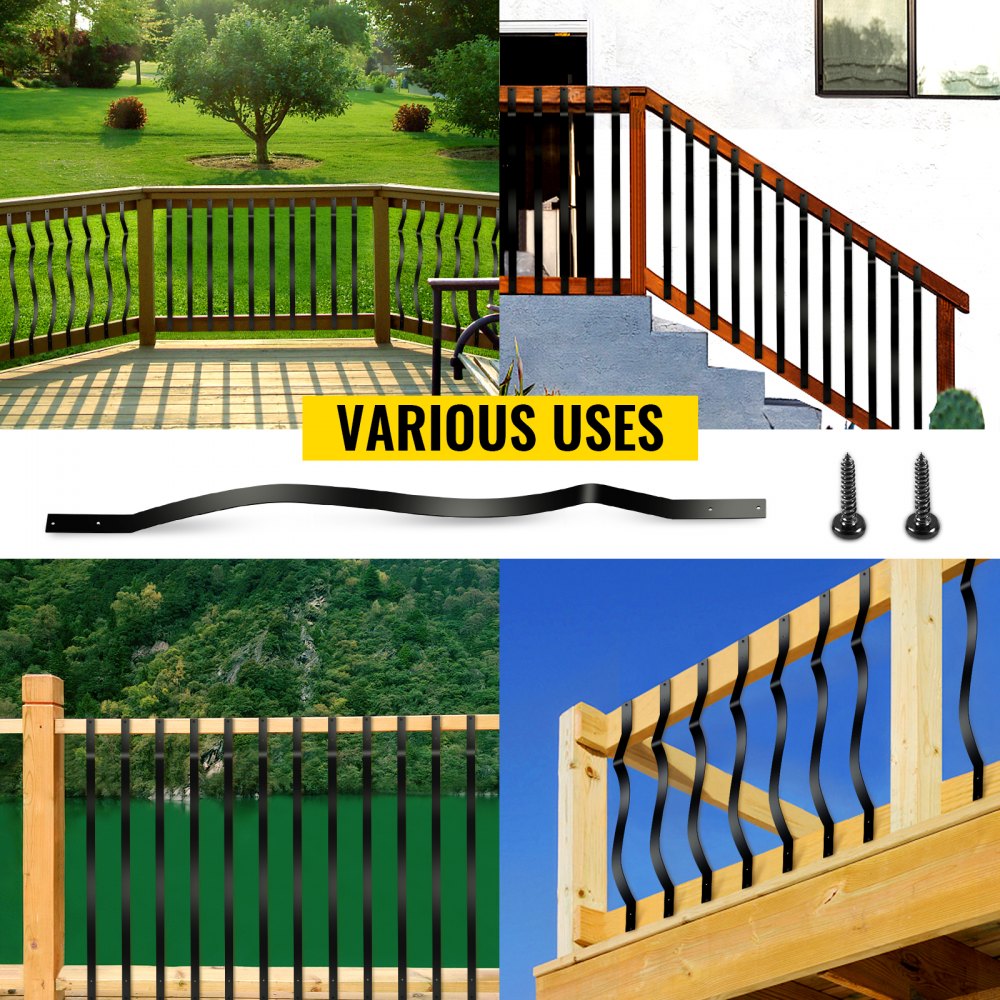 Black aluminum deck balusters, 32.25 inches long, with a modern curved wave design.
