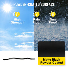 Infographic showing matte black powder-coated aluminum alloy deck balusters with high strength, rain proof, and sun proof features.