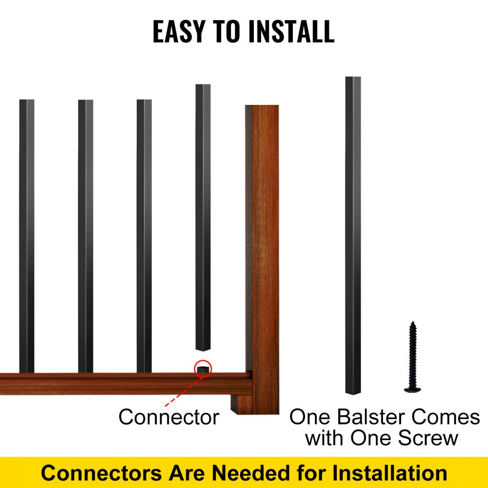 Black aluminum deck balusters with connectors and screws for easy installation.