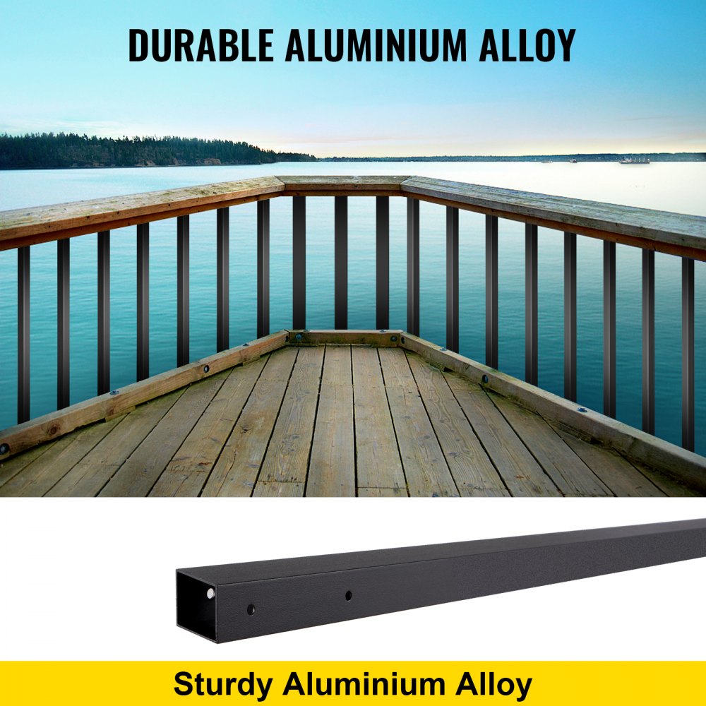 Black square aluminum deck balusters, 32" long, in a pack of 101 for easy installation.