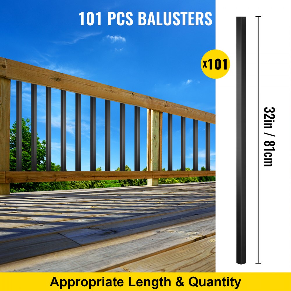 Black square aluminum deck balusters, 32 inches long, in a pack of 101 for easy installation.