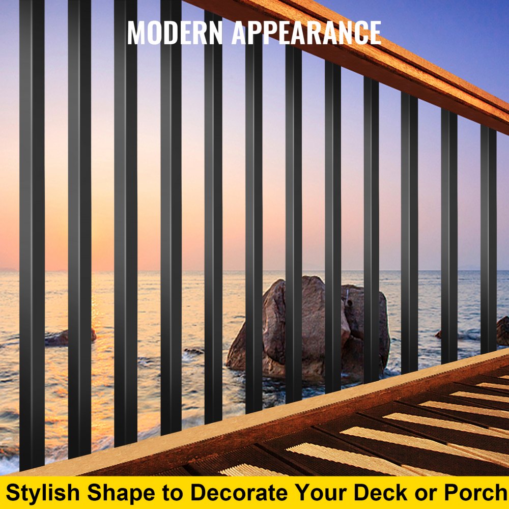 Black square aluminum deck balusters, 32 inches long, in a 101-pack for easy installation.