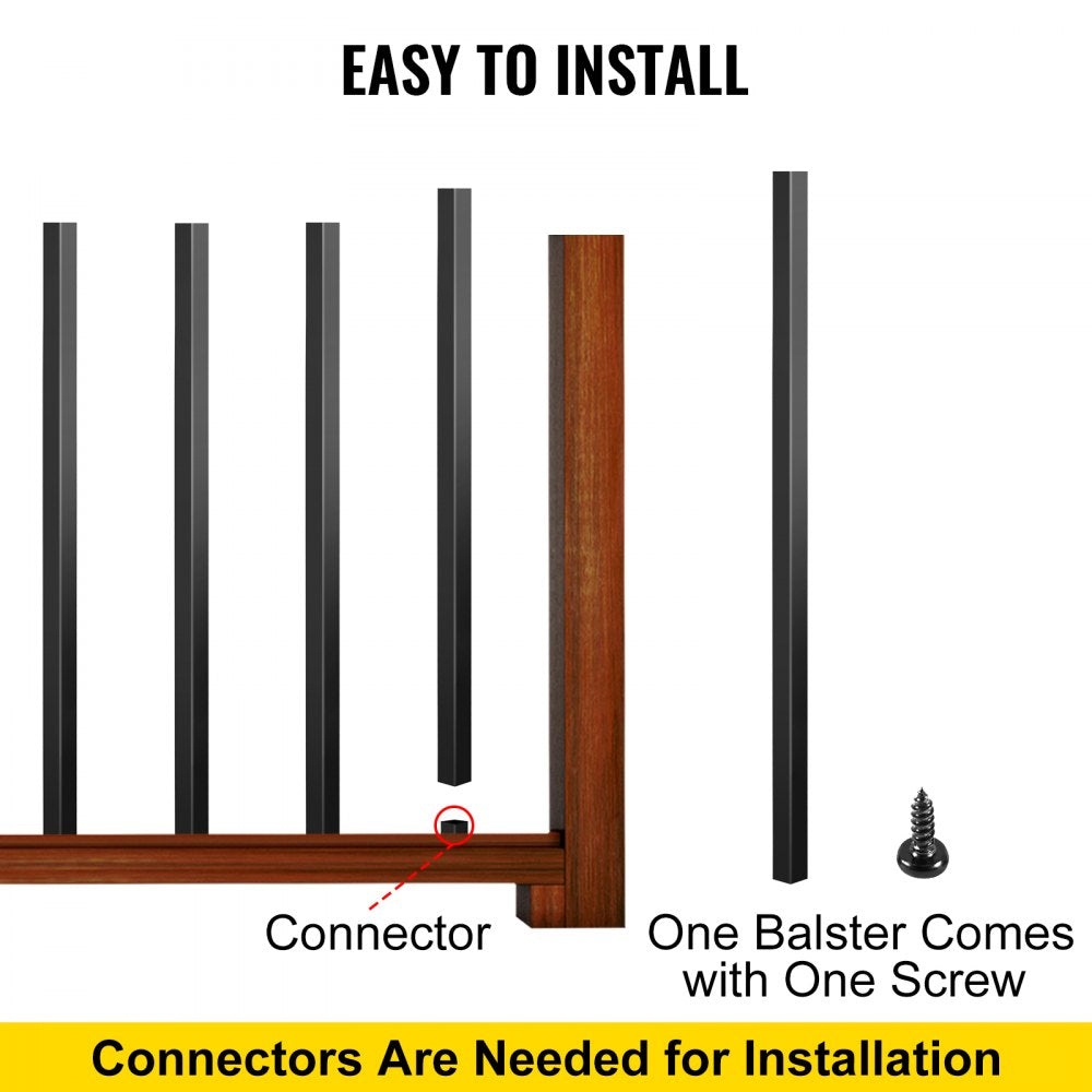 Black square aluminum deck balusters, 32 inches long, in a pack of 101 for easy installation.