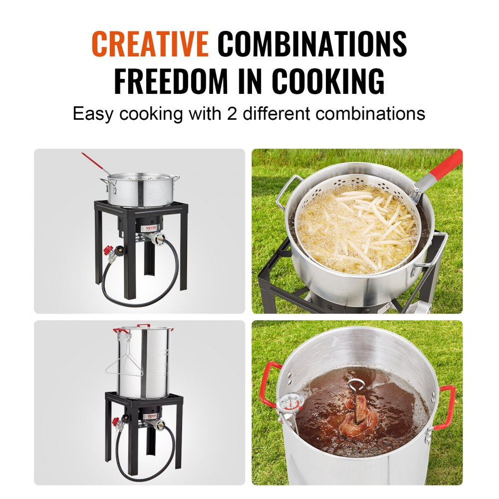 Turkey Deep Fryer, 30-qt Turkey & 10-qt Fish Steamer Cooker Set, Outdoor Aluminum Seafood Frying Pot, 54,000 BTU Burner Propane Gas Boiler, Includes Baskets, Perforated Poultry Rack, Thermometer