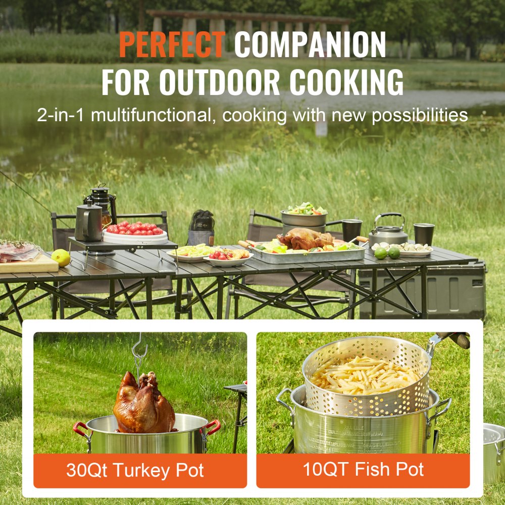 Turkey Deep Fryer, 30-qt Turkey & 10-qt Fish Steamer Cooker Set, Outdoor Aluminum Seafood Frying Pot, 54,000 BTU Burner Propane Gas Boiler, Includes Baskets, Perforated Poultry Rack, Thermometer