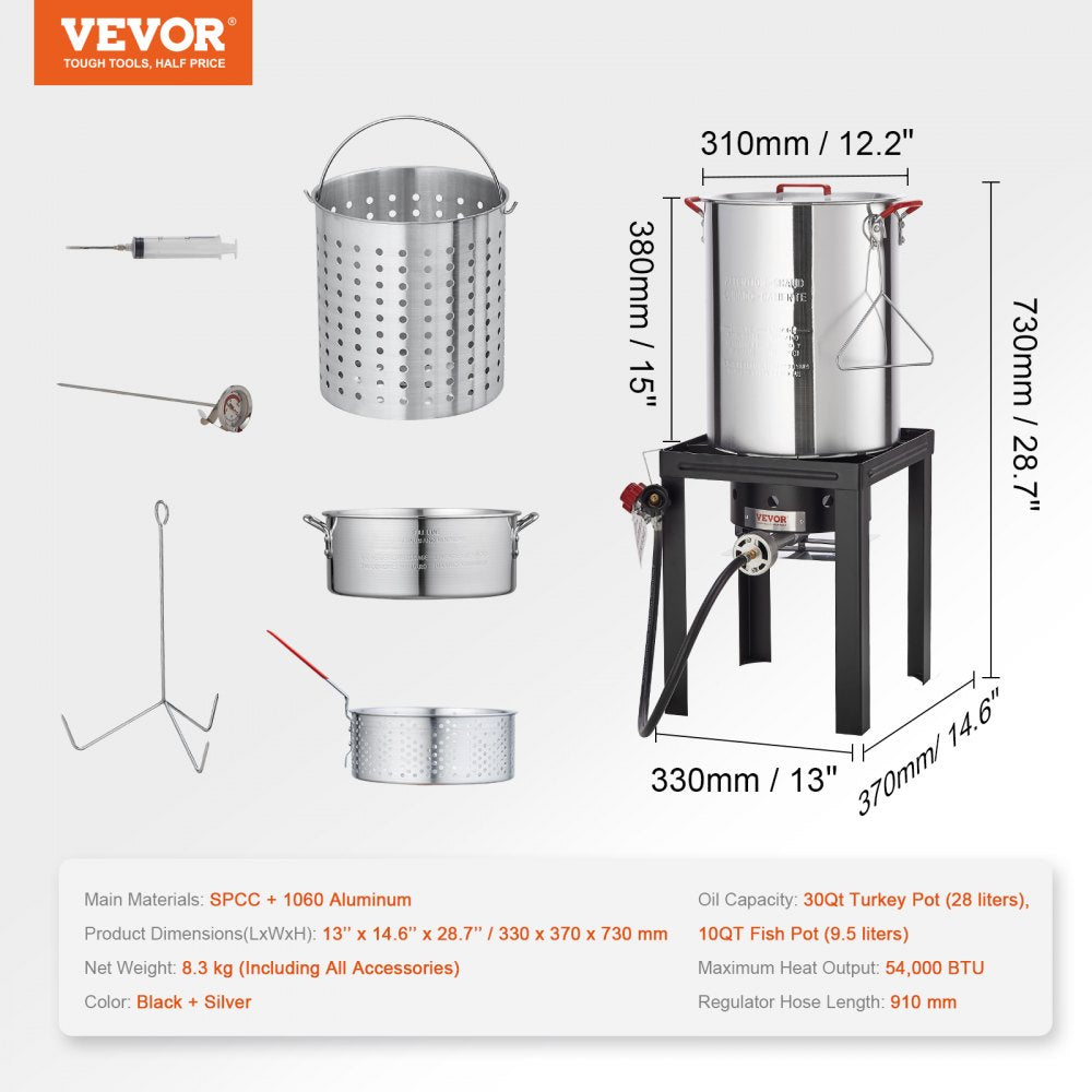 Turkey Deep Fryer, 30-qt Turkey & 10-qt Fish Steamer Cooker Set, Outdoor Aluminum Seafood Frying Pot, 54,000 BTU Burner Propane Gas Boiler, Includes Baskets, Perforated Poultry Rack, Thermometer