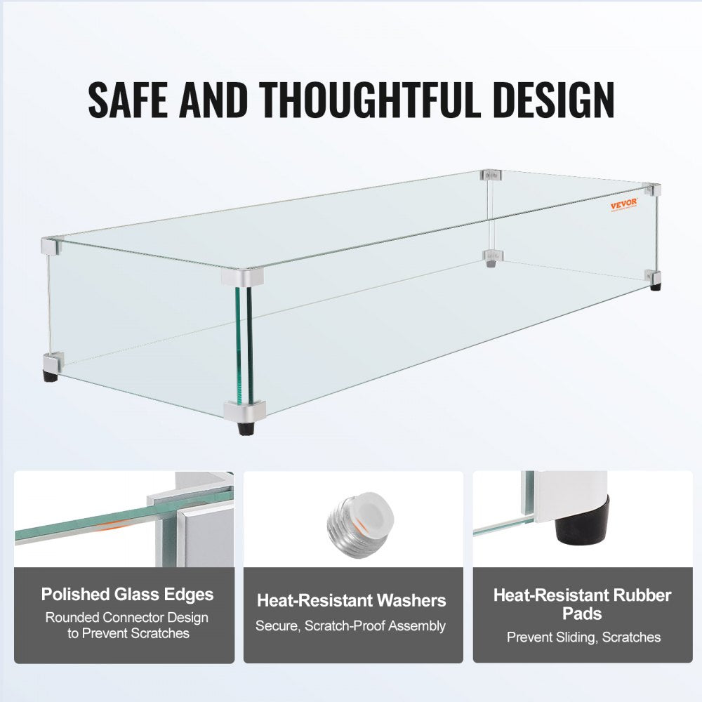Glass Wind Guard for Rectangular Fire Pit Table 44 x 14 x 7.5 Inch, 0.31 inch Thick and Sturdy Tempered Glass Panel with Hard Aluminum Corner Bracket & Rubber Feet, Easy to Assemble