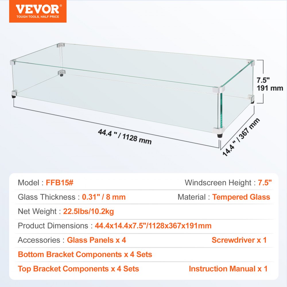 Glass Wind Guard for Rectangular Fire Pit Table 44 x 14 x 7.5 Inch, 0.31 inch Thick and Sturdy Tempered Glass Panel with Hard Aluminum Corner Bracket & Rubber Feet, Easy to Assemble