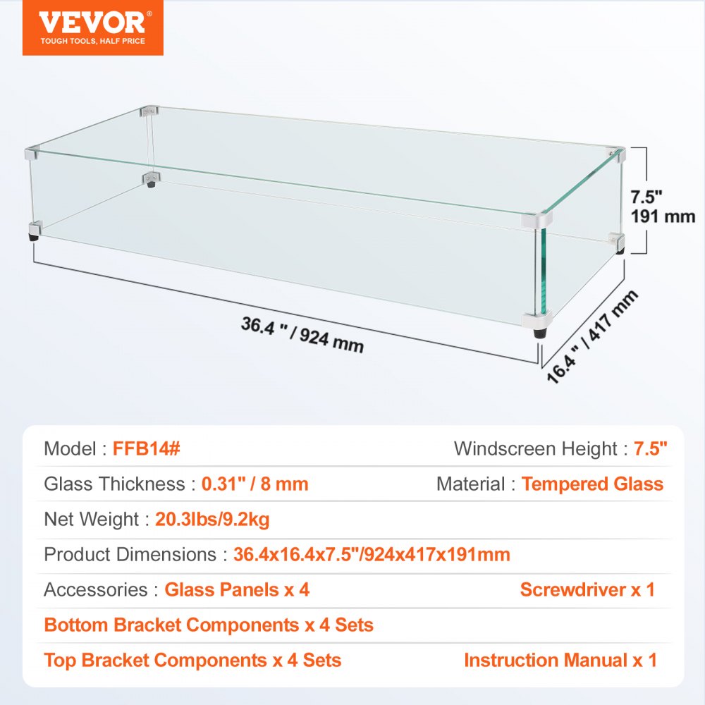 Glass Wind Guard for Rectangular Fire Pit Table 36 x 16 x 7.5 Inch, 0.31 inch Thick and Sturdy Tempered Glass Panel with Hard Aluminum Corner Bracket & Rubber Feet, Easy to Assemble