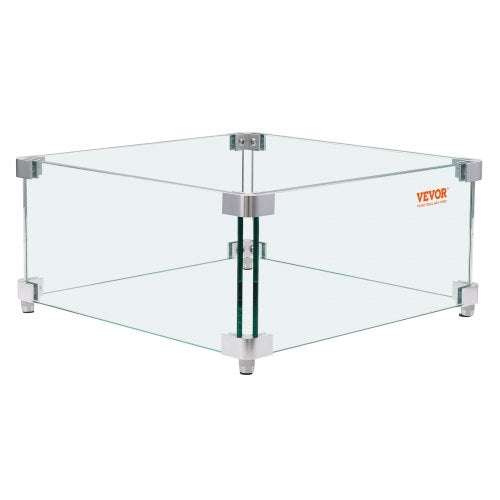 Square tempered glass wind guard for fire pits, 15x15x7 inches, with metal brackets.