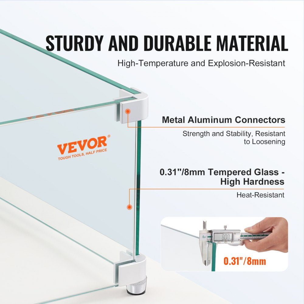 Infographic of 15x15x7 inch tempered glass wind guard showing 8mm glass panels, aluminum connectors, and heat-resistant features.