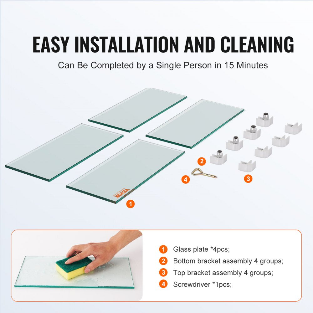 Diagram of 15x15x7 inch tempered glass wind guard assembly for square fire pits, showing four glass panels, brackets, screws, and easy installation steps.