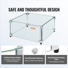 Gas Fire Pit Wind Guard for Square Fire Table, 21 x 21 x 7.5 inch Clear Tempered Wind Guard for Firepits, 0.31 inch Thick Square Glass Shield, Glass Panel with Hard Corner Bracket & Feet