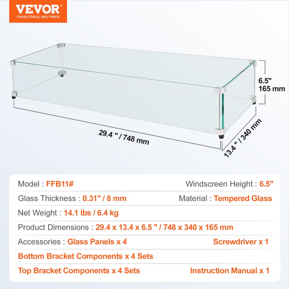 Glass Wind Guard for Rectangular Fire Pit Table 29 x 13 x 6.5 Inch, 0.31 inch Thick and Sturdy Tempered Glass Panel with Hard Aluminum Corner Bracket & Rubber Feet, Easy to Assemble