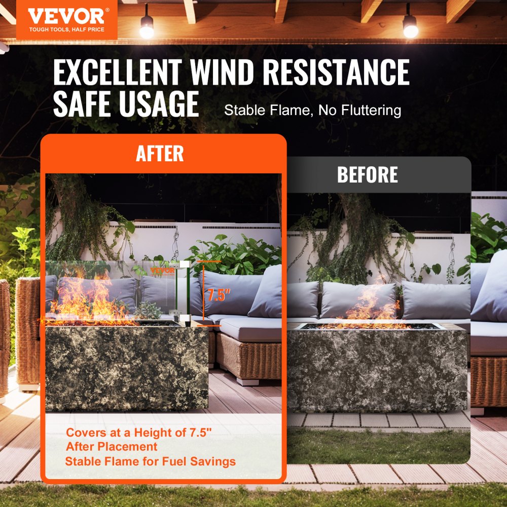 Gas Fire Pit Wind Guard for Square Fire Table, 19 x 19 x 7.5 inch Clear Tempered Wind Guard for Firepits, 0.31 inch Thick Square Glass Shield, Glass Panel with Hard Corner Bracket & Feet