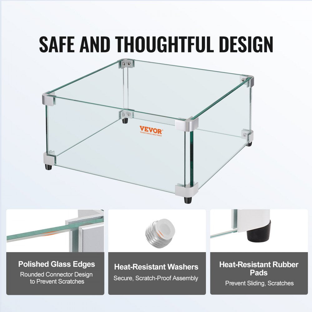 Gas Fire Pit Wind Guard for Square Fire Table, 19 x 19 x 7.5 inch Clear Tempered Wind Guard for Firepits, 0.31 inch Thick Square Glass Shield, Glass Panel with Hard Corner Bracket & Feet