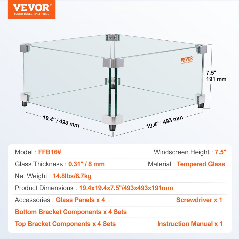 Gas Fire Pit Wind Guard for Square Fire Table, 19 x 19 x 7.5 inch Clear Tempered Wind Guard for Firepits, 0.31 inch Thick Square Glass Shield, Glass Panel with Hard Corner Bracket & Feet