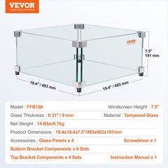 Gas Fire Pit Wind Guard for Square Fire Table, 19 x 19 x 7.5 inch Clear Tempered Wind Guard for Firepits, 0.31 inch Thick Square Glass Shield, Glass Panel with Hard Corner Bracket & Feet