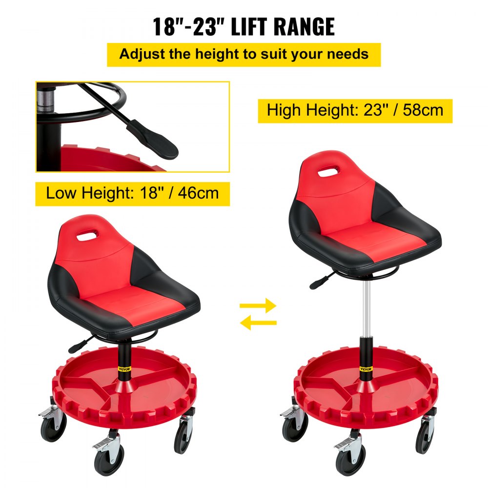 Rolling Gear Seat, 300LBS Capacity, 18"-23" Height Adjustable, Mobile Mechanic Garage Stool with Tool Tray and 5" Casters, Pneumatic Stool for Workshop, Garage, Auto Repair Shop