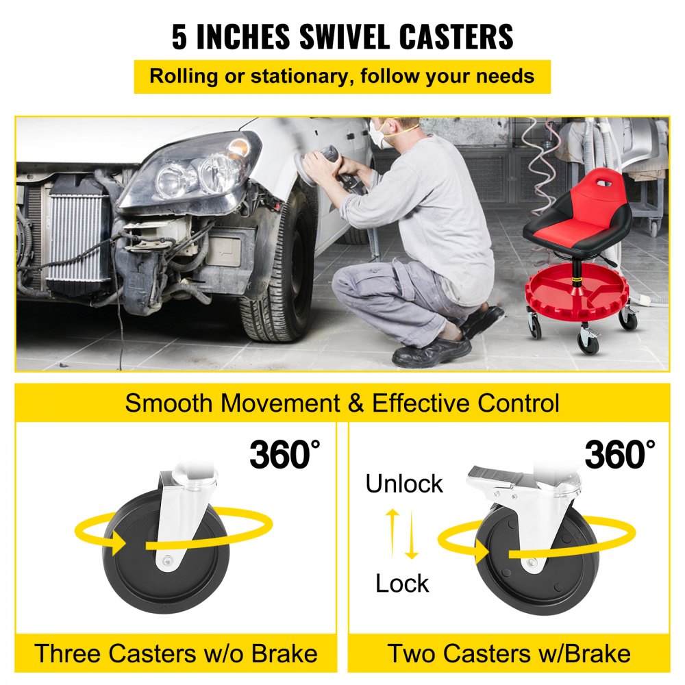 Rolling Gear Seat, 300LBS Capacity, 18"-23" Height Adjustable, Mobile Mechanic Garage Stool with Tool Tray and 5" Casters, Pneumatic Stool for Workshop, Garage, Auto Repair Shop