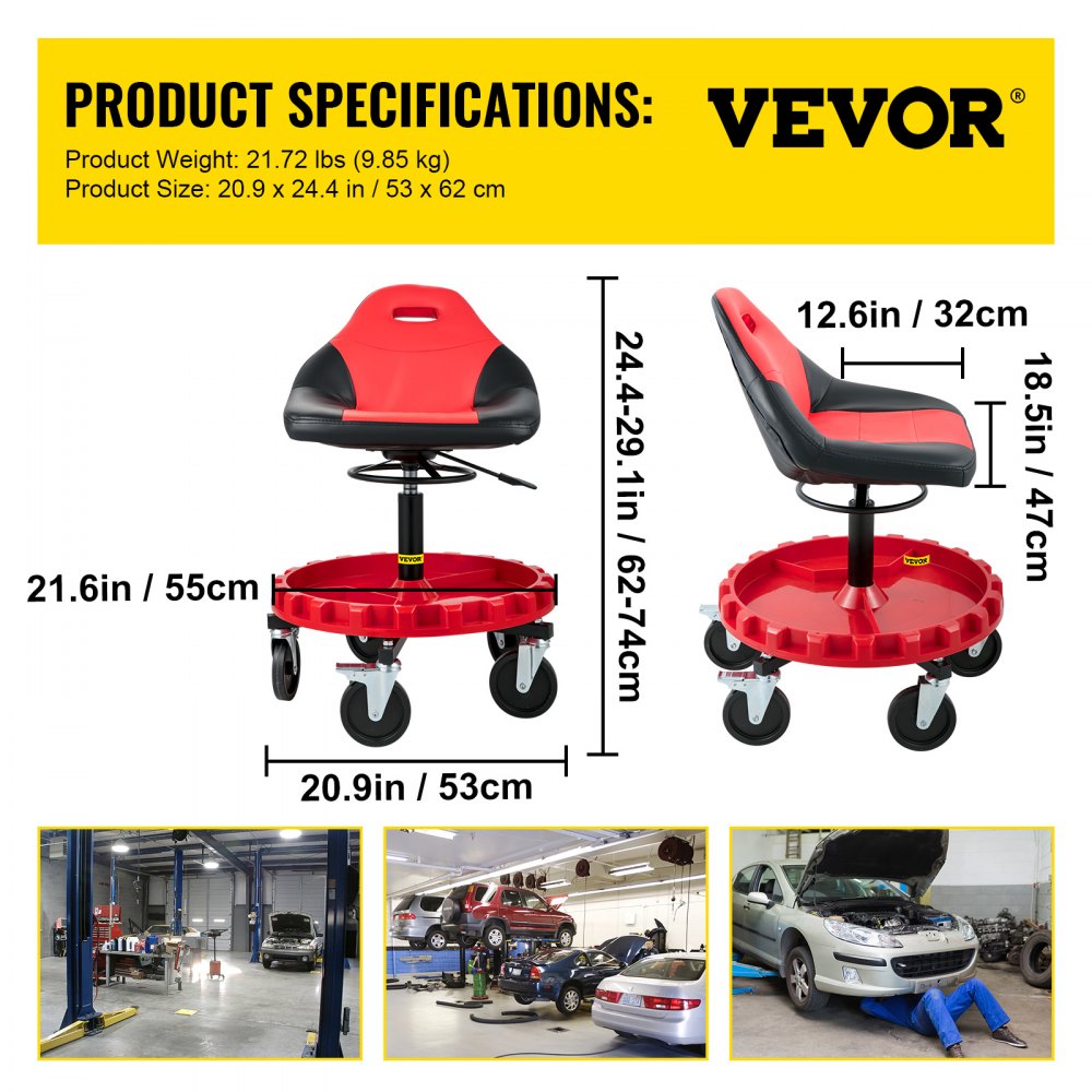Rolling Gear Seat, 300LBS Capacity, 18"-23" Height Adjustable, Mobile Mechanic Garage Stool with Tool Tray and 5" Casters, Pneumatic Stool for Workshop, Garage, Auto Repair Shop