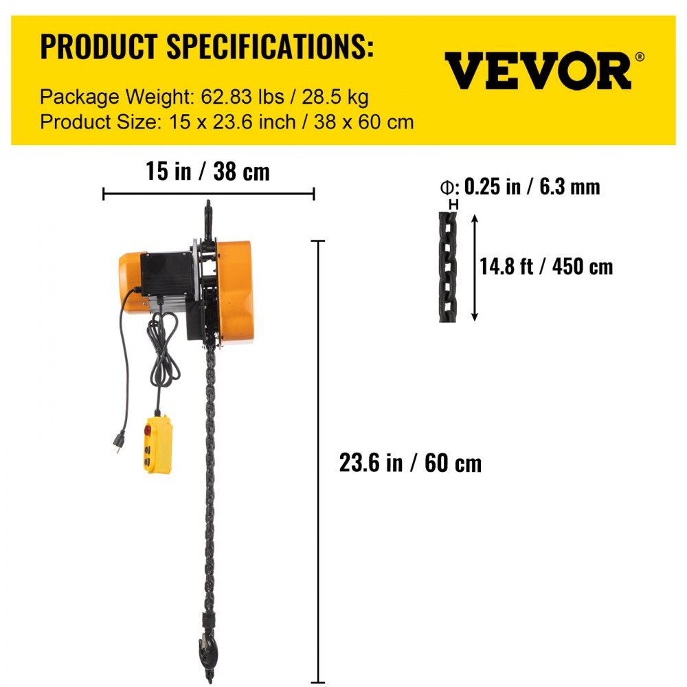 Electric Chain Hoist, 1100lbs Winch with 10FT Wired Remote Control, 110V Overhead Crane Garage Ceiling Pulley, 1300W Lifting Power System w/Emergency Stop Switch, 15 Feet Max. Pulling Height