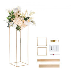 2PCS 31.5inch High Wedding Flower Stand, Metal Vase Column Geometric Centerpiece Stands, Gold Rectangular Floral Display Rack for T-Stage Events Reception, Party Decoration Home
